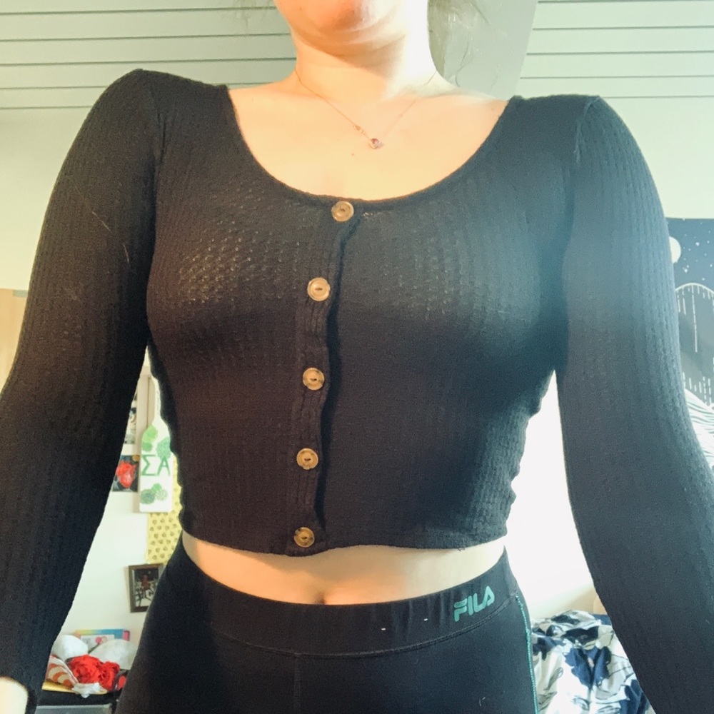 Black Button Decal Cropped Long Sleeved Top